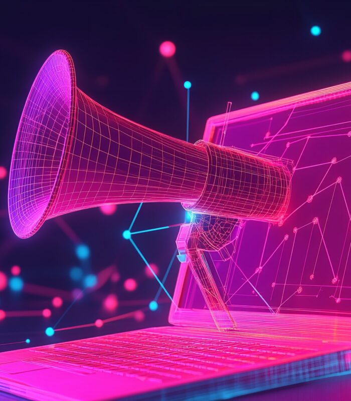 Digital Marketing Amplified Neon Megaphone on Laptop Screen vibrant network Digital Marketing Amplified Neon Megaphone on Laptop Screen vibrant network